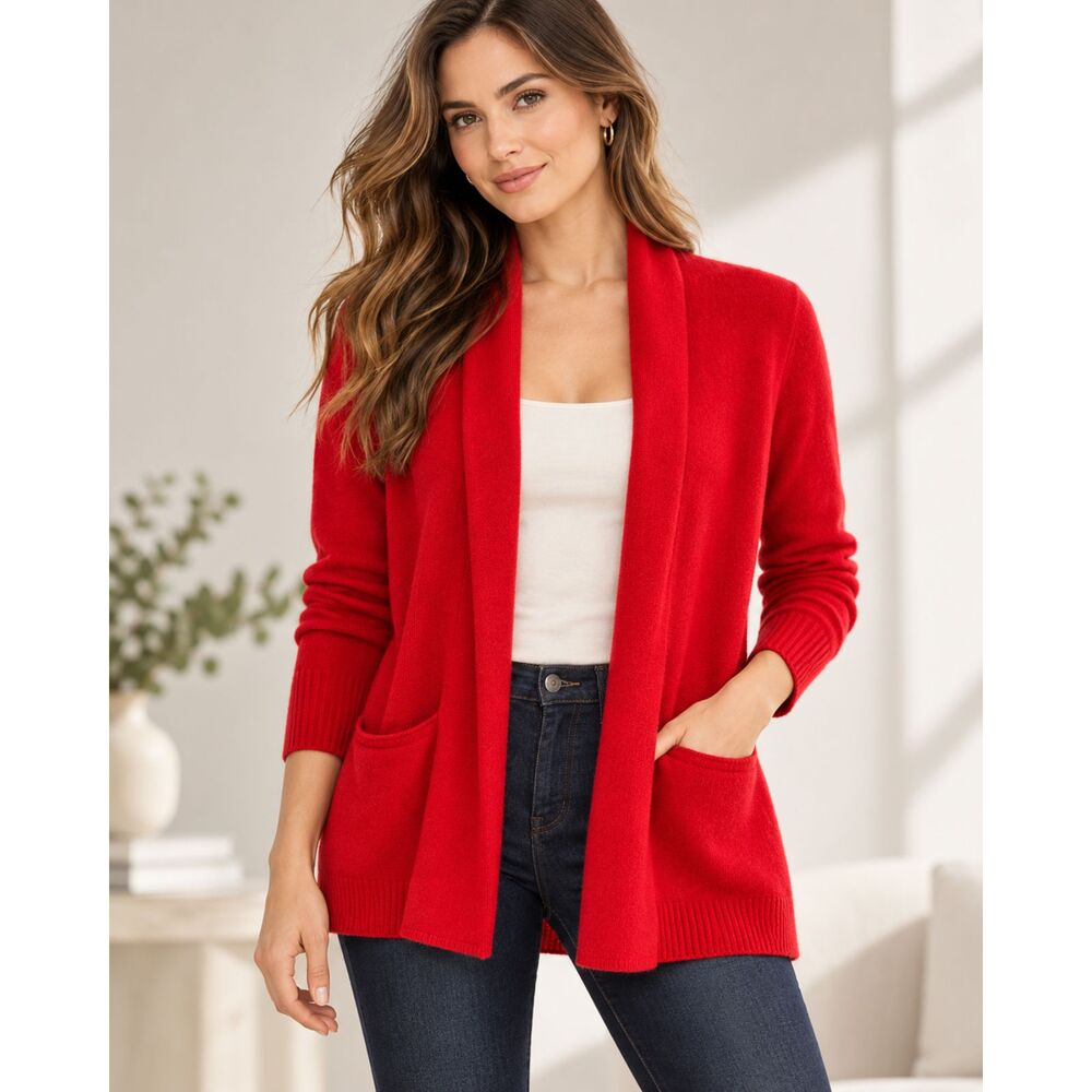 100% 2-Ply Cashmere Max Studio Women’s M Red Open Front Cardigan Sweater Pockets